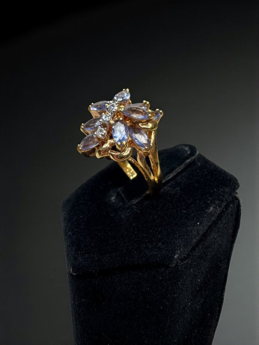 Lavender Marquise Crystal Flower Cluster Ring Gold Tone Size 6 Vintage